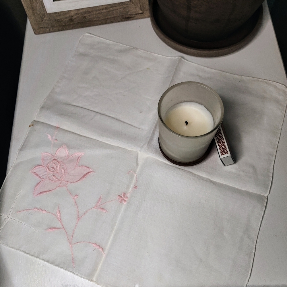 White Vintage Handkerchief with Pink Flower